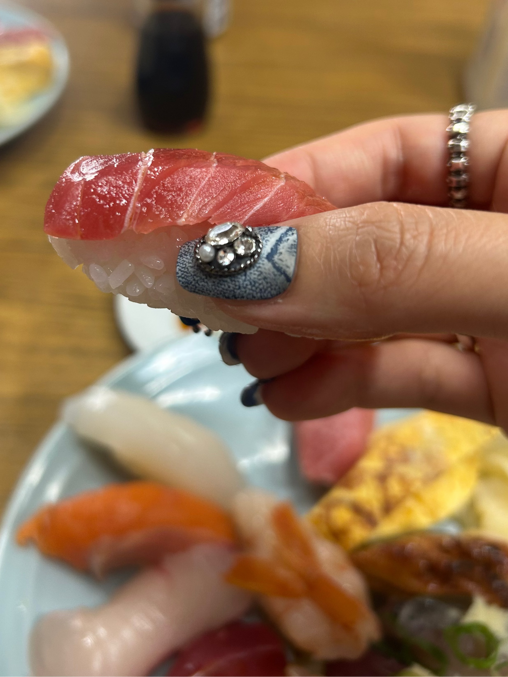 Denim Clash / No.26 − Short Square with Denim Print, Silver Accents, and Crystal Hardware