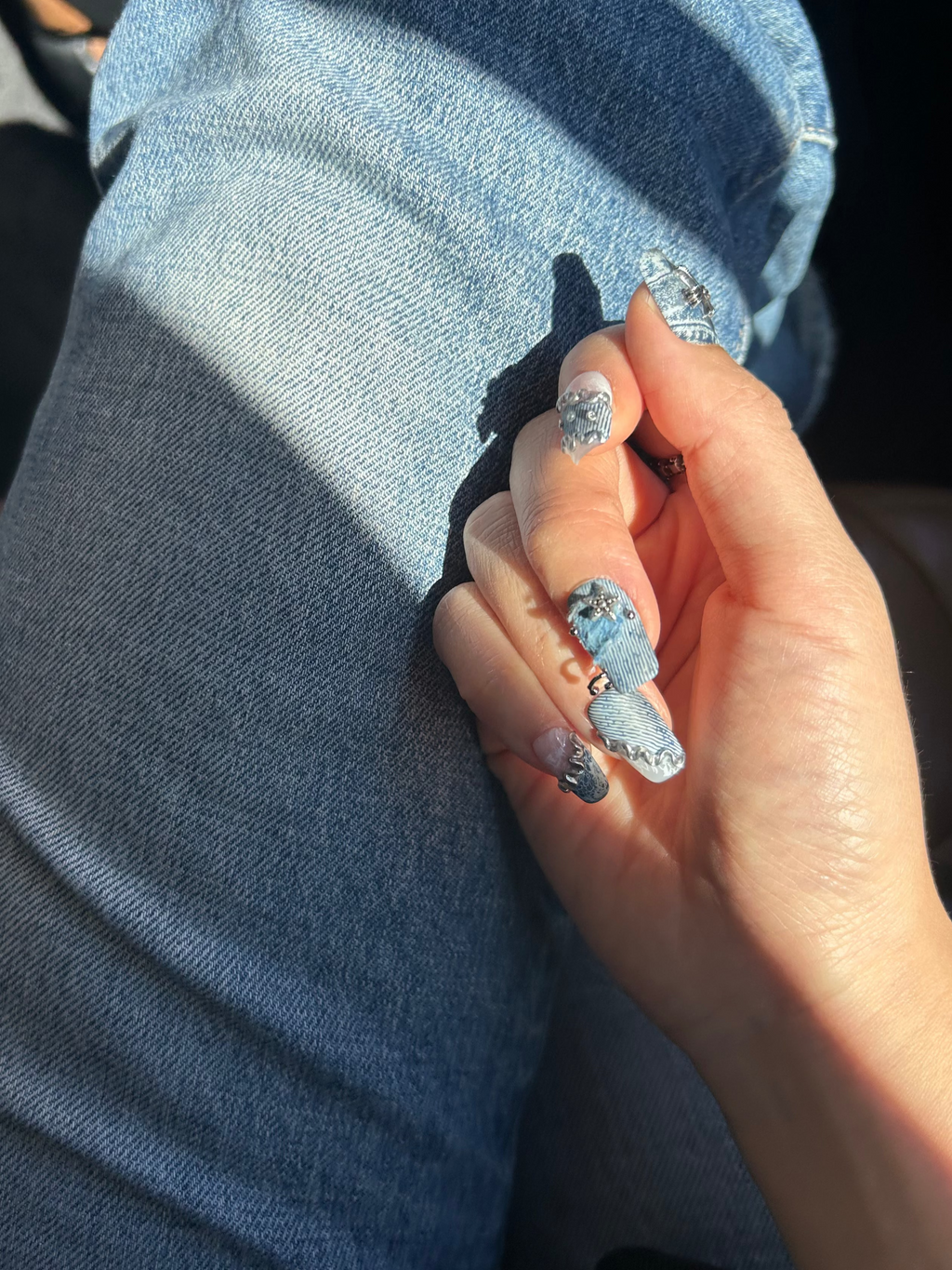 Denim Clash / No.26 − Short Square with Denim Print, Silver Accents, and Crystal Hardware