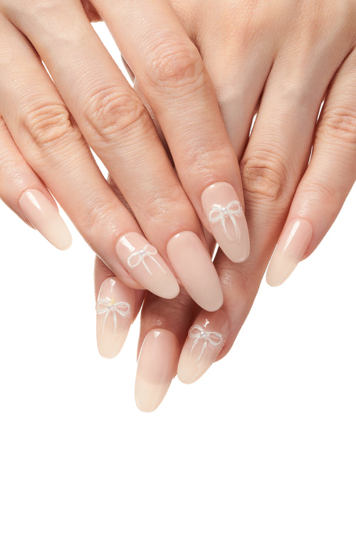 Held Note / No.20 – Medium Almond in Sheer Pink with Sculpted Pearl Bow Accent