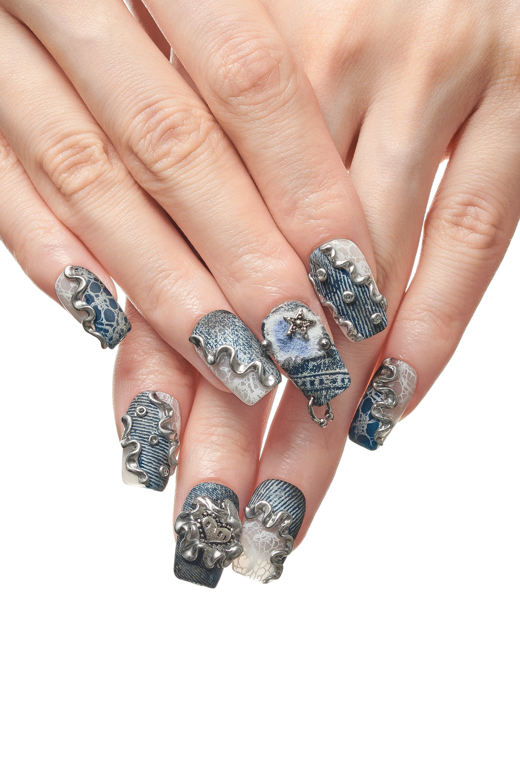 Denim Clash / No.26 − Short Square with Denim Print, Silver Accents, and Crystal Hardware