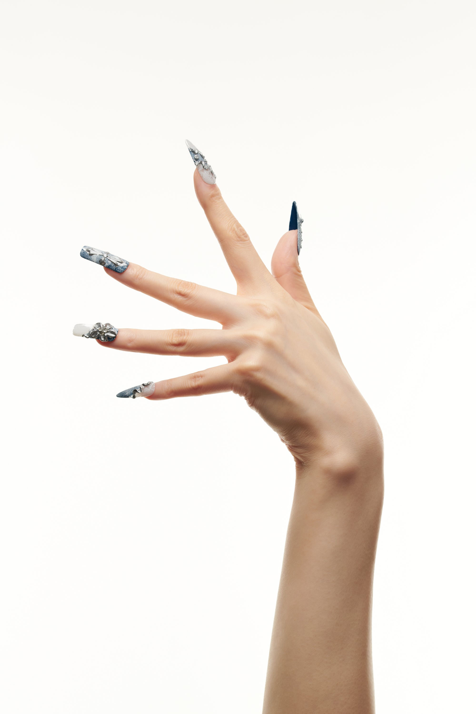 Denim Mode / No.27 − Mixed Long Square & Stiletto in Denim Texture with Sculpted Silver and Corset Accents