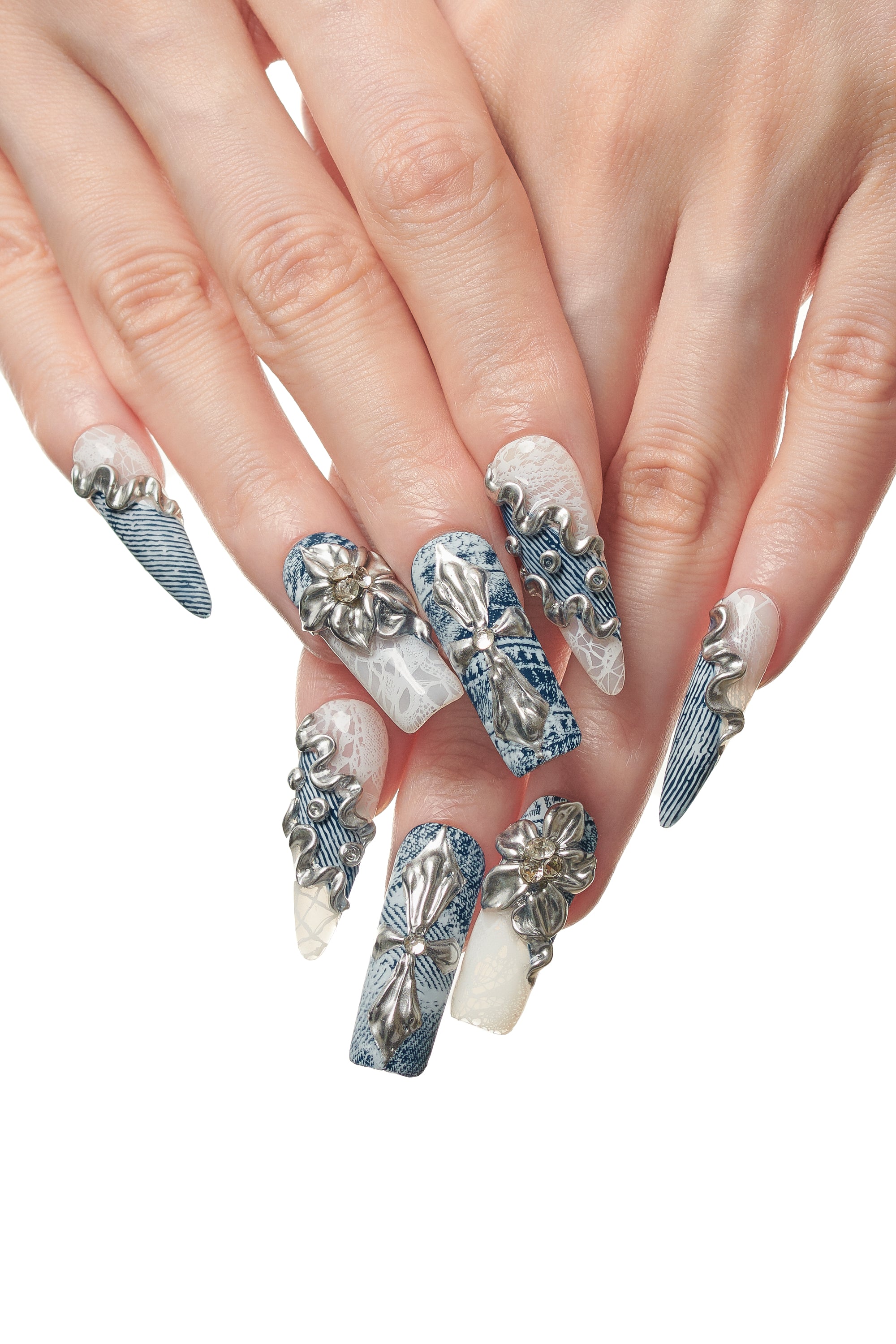 Denim Mode / No.27 − Mixed Long Square & Stiletto in Denim Texture with Sculpted Silver and Corset Accents