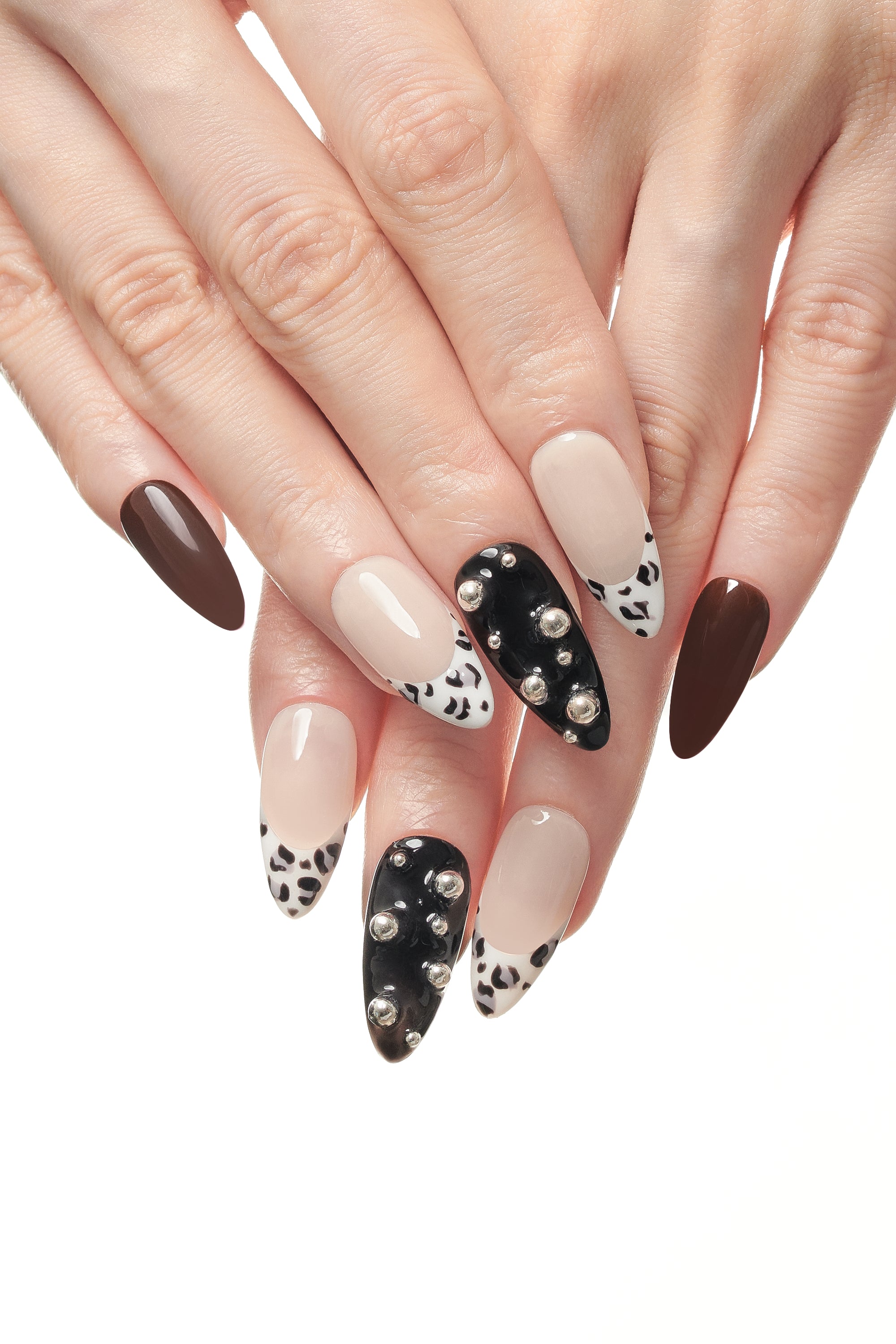 Prey / No.28 − Long Almond in Wine Red, Animal Print, Nude, and Gloss Black with Studs