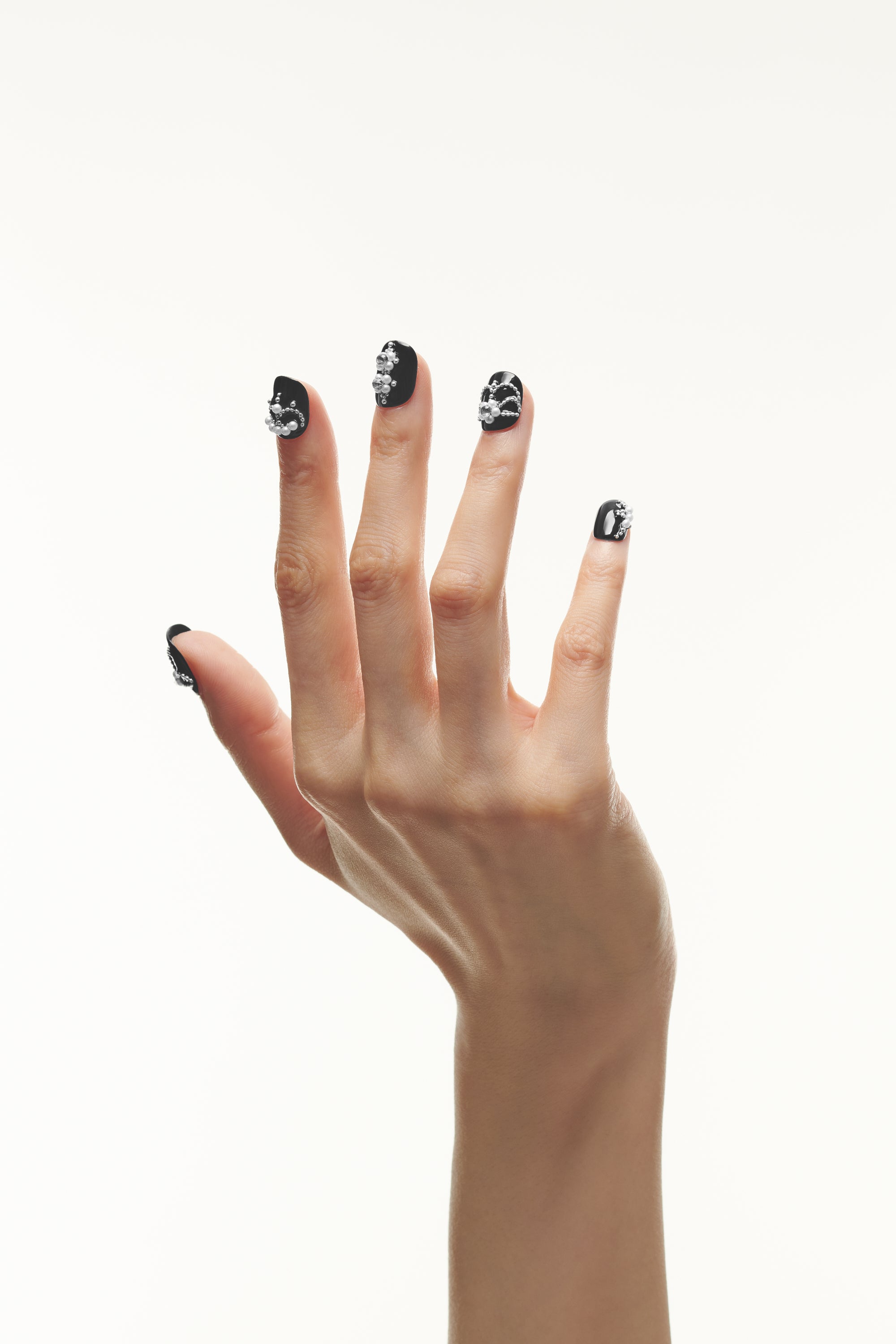 Pearl Clash / No.25 — Short Square in Glossy Black with Pearl and Silver Bead Embellishment