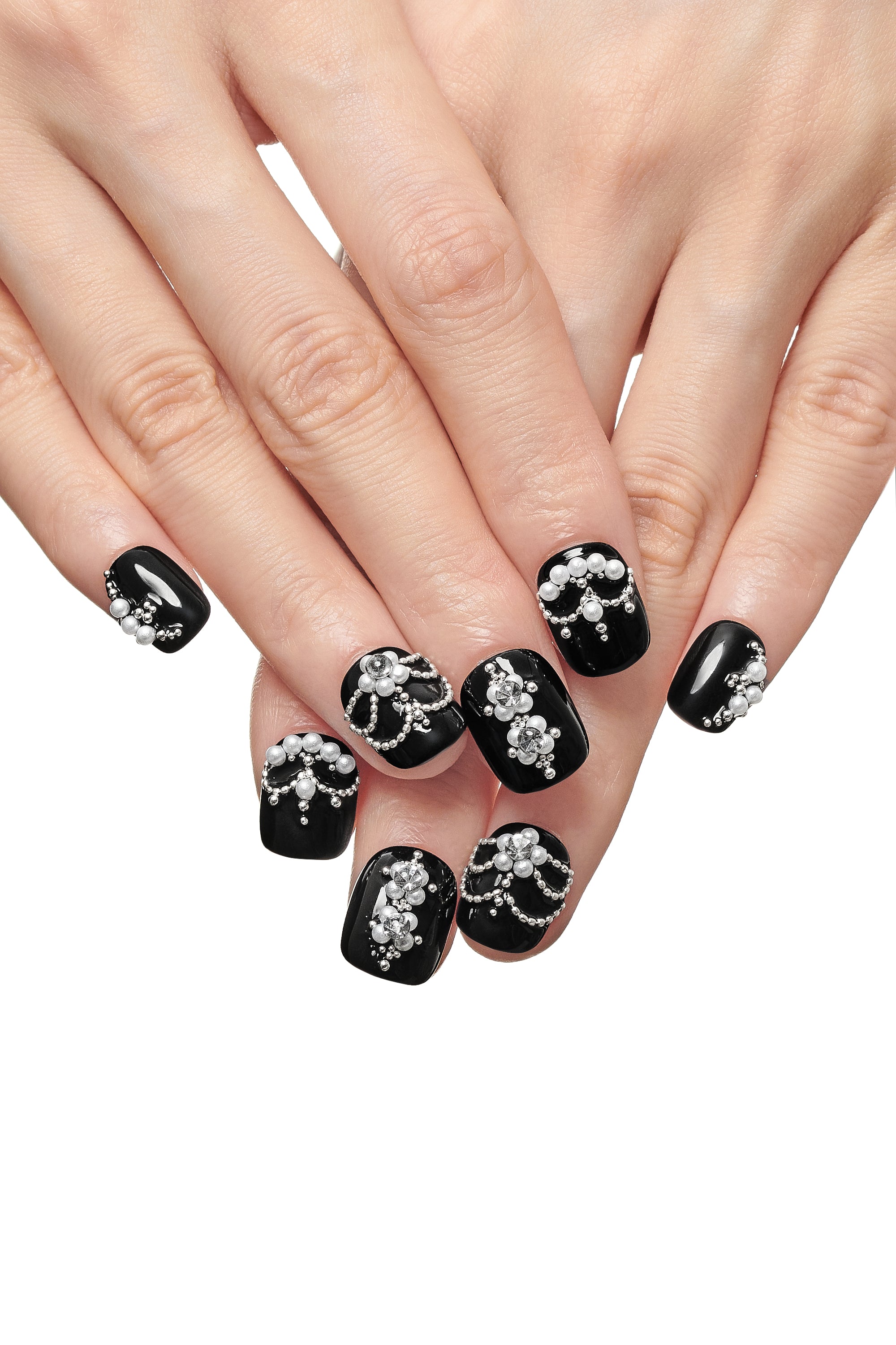 Pearl Clash / No.25 — Short Square in Glossy Black with Pearl and Silver Bead Embellishment