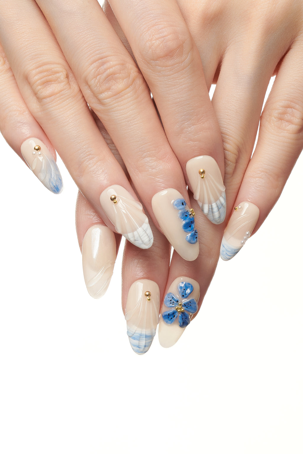 Surface Play / No.17 – Glossy Pearl Base with Blue Marble Tips and Sculpted Accent