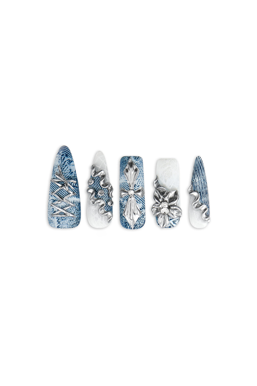 Denim Mode/ No.27 − レースとシルバーのブルーデニムロングネイル